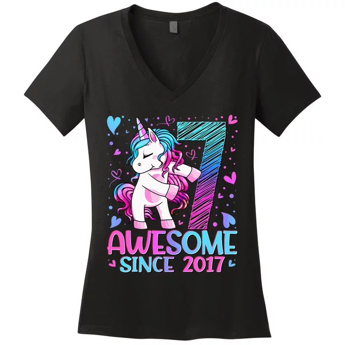 7 Years Old Flossing Unicorn Gifts 7th Birthday Party Women's V-Neck T-Shirt