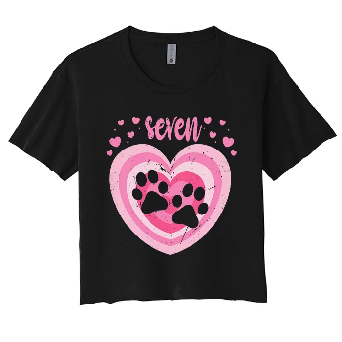 7 Year Old Cute Dog Paw Birthday 7th Bday Women's Crop Top Tee