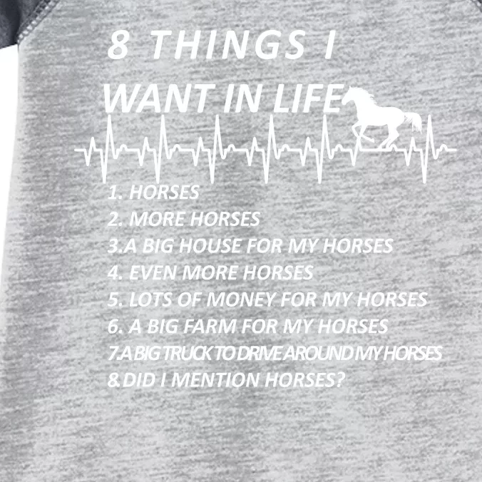 8 Things I Want In Life Horses Funny Infant Baby Jersey Bodysuit