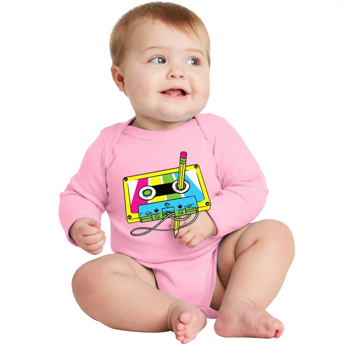 80s 90s Cassette Pencil Theme Party Baby Long Sleeve Bodysuit