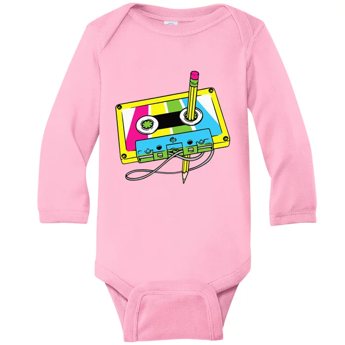 80s 90s Cassette Pencil Theme Party Baby Long Sleeve Bodysuit