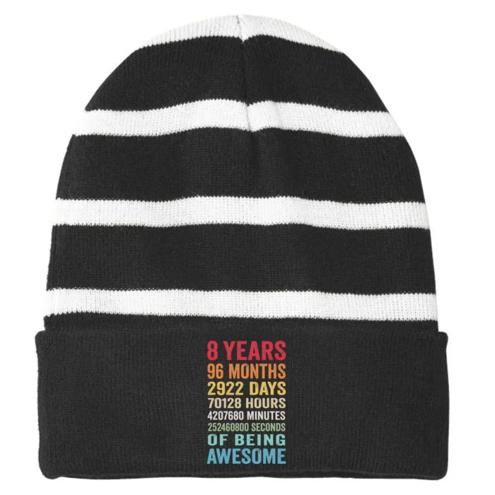 8th Birthday 8 Years Old Vintage Retro 96 Months Striped Beanie with Solid Band