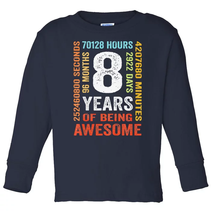 8th Birthday 8 Years Old Vintage 96 Months Toddler Long Sleeve Shirt