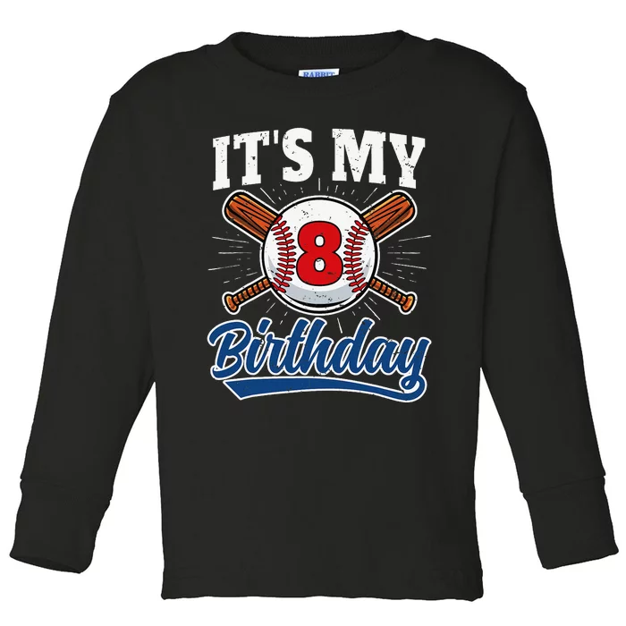 8th Birthday Baseball Player 8 Years Old Vintage Sports Toddler Long Sleeve Shirt