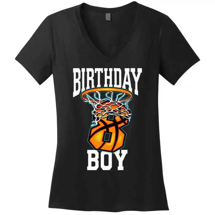 8th Birthday Basketball 8 Years Old Kids Gift Women's V-Neck T-Shirt