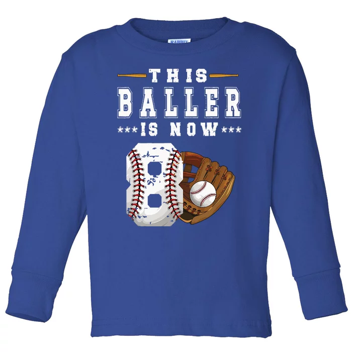 8th Birthday Baseball Eight Year Old Baseball Player Toddler Long Sleeve Shirt