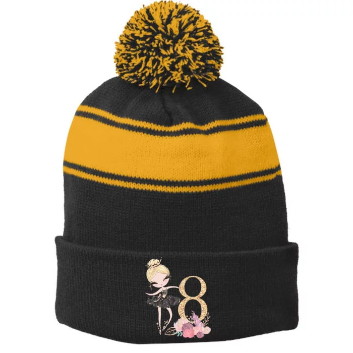 8th Birthday Ballerina Dancer Ballet Black Stripe Pom Pom Beanie