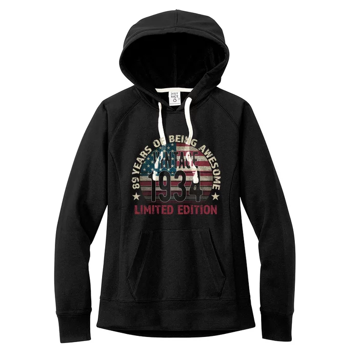 89th Birthday Gift Vintage 1934 89 Years Old Usa Flag Cool Gift Women's Fleece Hoodie