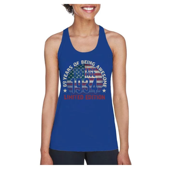 89th Birthday Gift Vintage 1934 89 Years Old Usa Flag Cool Gift Women's Racerback Tank