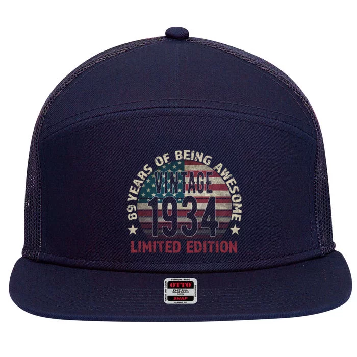 89th Birthday Gift Vintage 1934 89 Years Old Usa Flag Cool Gift 7 Panel Mesh Trucker Snapback Hat