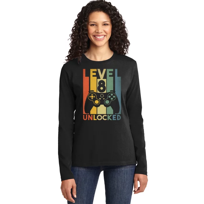 8th Birthday Gifts Level 8 Unlocked Funny Video Gamer Ladies Long Sleeve Shirt