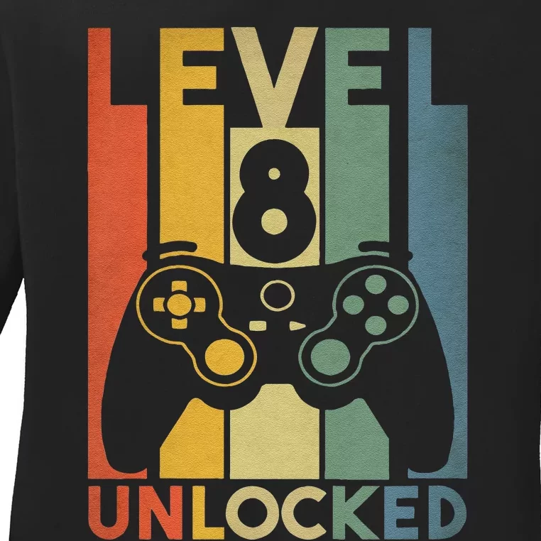 8th Birthday Gifts Level 8 Unlocked Funny Video Gamer Ladies Long Sleeve Shirt