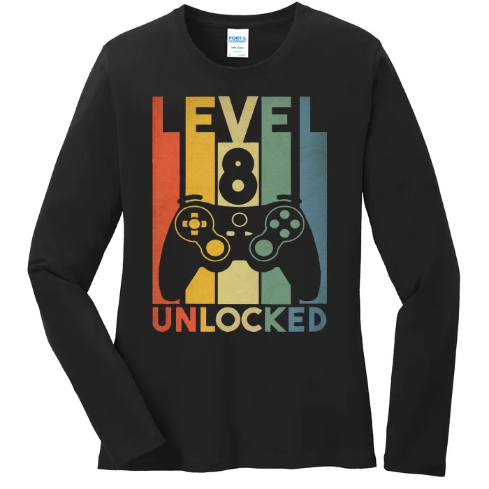 8th Birthday Gifts Level 8 Unlocked Funny Video Gamer Ladies Long Sleeve Shirt