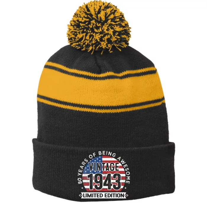 80th Birthday Gifts Vintage 1943 80 Years Old USA Flag Stripe Pom Pom Beanie