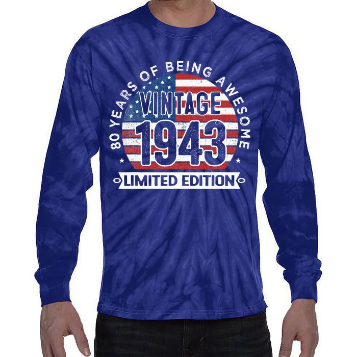 80th Birthday Gifts Vintage 1943 80 Years Old USA Flag Tie-Dye Long Sleeve Shirt