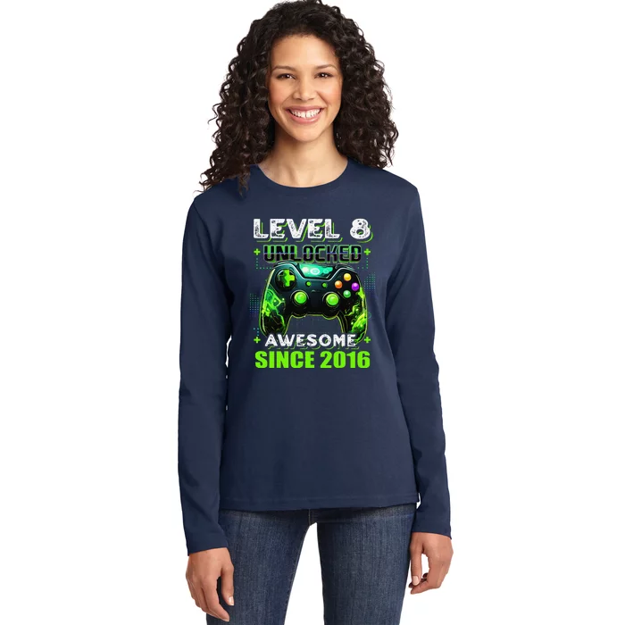 8th Birthday Gamer 8 Year Old Funny Bday Boy Eight Son Ladies Long Sleeve Shirt