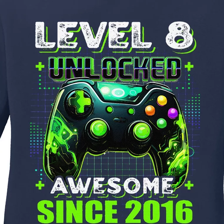 8th Birthday Gamer 8 Year Old Funny Bday Boy Eight Son Ladies Long Sleeve Shirt