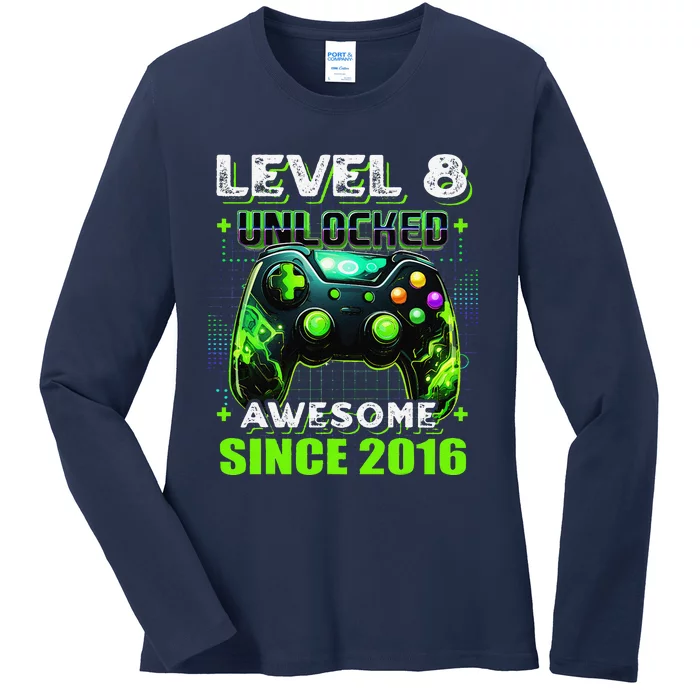 8th Birthday Gamer 8 Year Old Funny Bday Boy Eight Son Ladies Long Sleeve Shirt