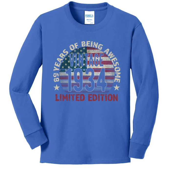 89th Birthday Gift Vintage 1934 89 Years Old Usa Flag Meaningful Gift Kids Long Sleeve Shirt