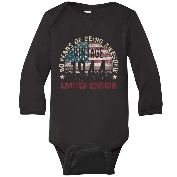 80th Birthday Gift Vintage Born 1944 Turning 80 Year Old Baby Long Sleeve Bodysuit