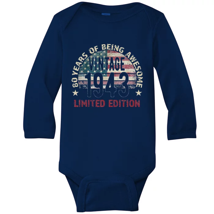 80th Birthday Gift Men Vintage 1943 80 Years Old USA Flag Baby Long Sleeve Bodysuit