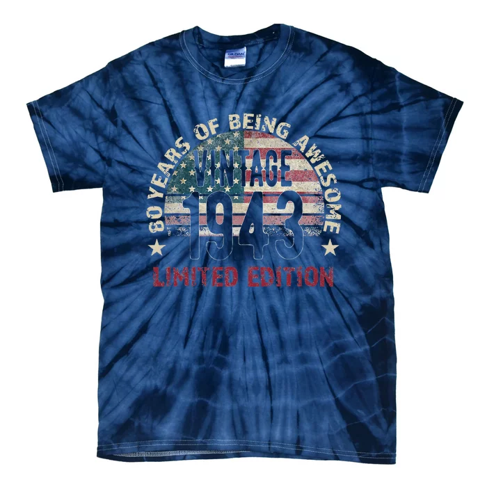 80th Birthday Gift Men Vintage 1943 80 Years Old USA Flag Tie-Dye T-Shirt