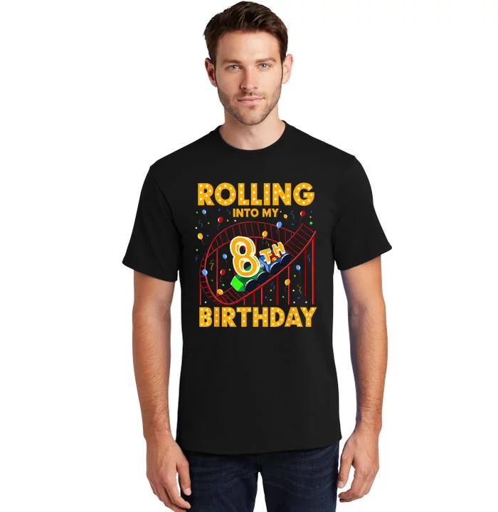 8th Birthday Rollercoaster Amusement Park Boy Girl Birthday Tall T-Shirt