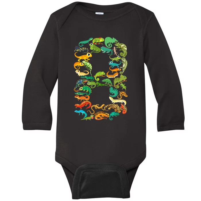 8th Birthday Reptiles Lizards Themed 8 Year Old Baby Long Sleeve Bodysuit