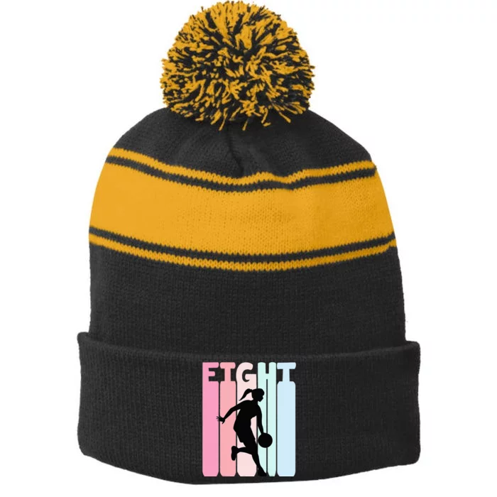 8th Birthday Retro Basketball Player 8 Years Old Eight Stripe Pom Pom Beanie