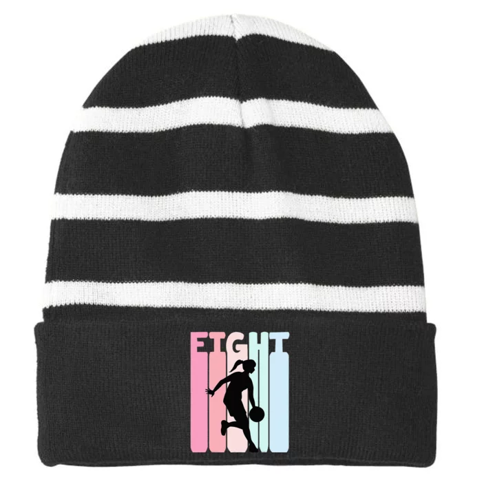 8th Birthday Retro Basketball Player 8 Years Old Eight Striped Beanie with Solid Band