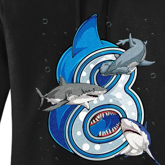 8th Birthday Shark 8 years Old Ocean Shark Bday Women's Pullover Hoodie