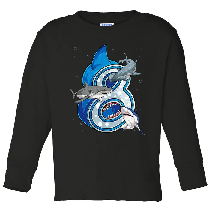 8th Birthday Shark 8 years Old Ocean Shark Bday Toddler Long Sleeve Shirt