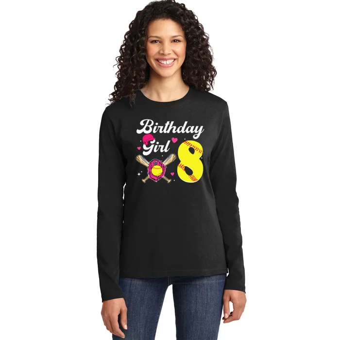 8th Birthday Softball 8 Years Old Bday Ladies Long Sleeve Shirt