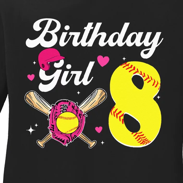 8th Birthday Softball 8 Years Old Bday Ladies Long Sleeve Shirt