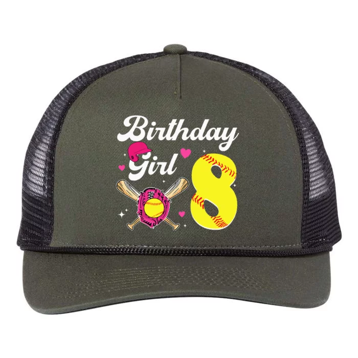 8th Birthday Softball 8 Years Old Bday Retro Rope Trucker Hat Cap