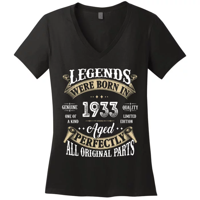 89st Birthday Vintage Legends Born In 1933 Women's V-Neck T-Shirt