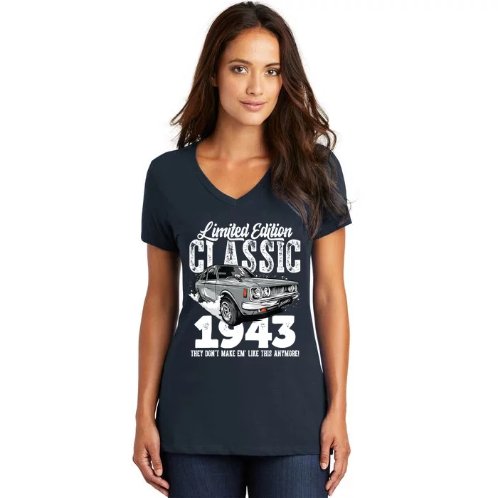 80th birthday Vintage Classic Car 1943 B-day 80 year old Women's V-Neck T-Shirt