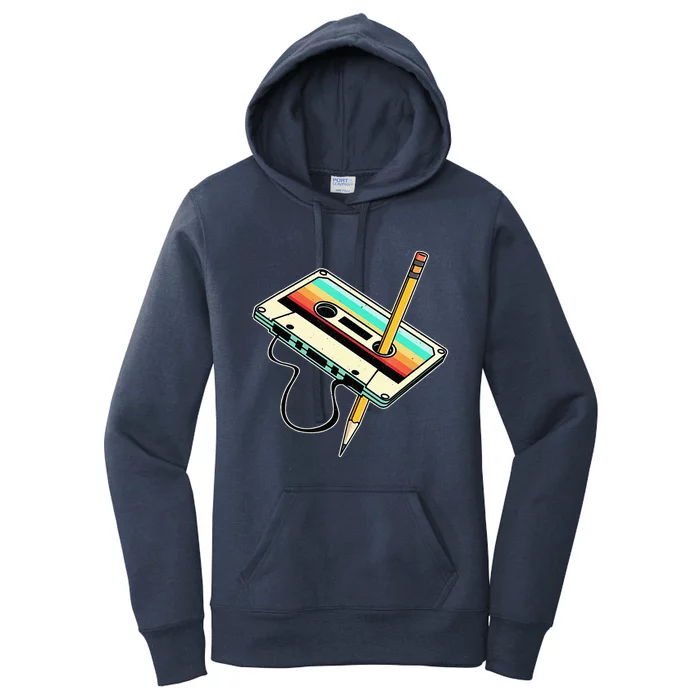 80s Cassette Tape Pencil 1980s Retro Vintage Throwback Music Women's Pullover Hoodie