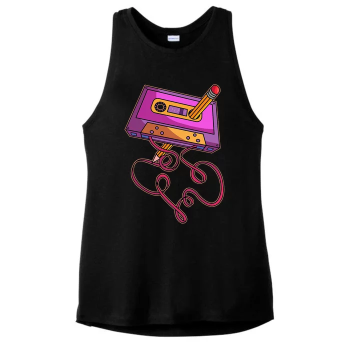 80s Cassette Tape Pencil 1980s Retro Vintage Throwback Music Short Sleeve Ladies Tri-Blend Wicking Tank