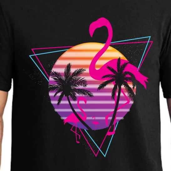 80's Flamingo Palm Sunset Synthwave Vaporwave Aesthetic Gift Pajama Set