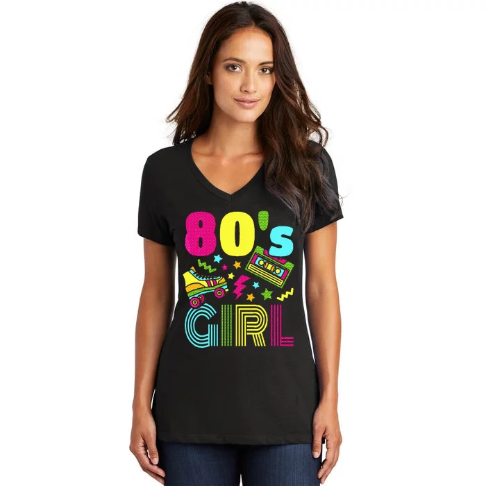 80s Girl 1980s Theme Party 80s Costume Outfit Women's V-Neck T-Shirt