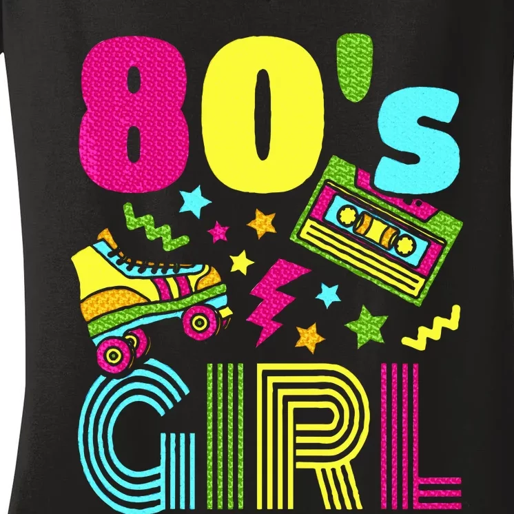 80s Girl 1980s Theme Party 80s Costume Outfit Women's V-Neck T-Shirt