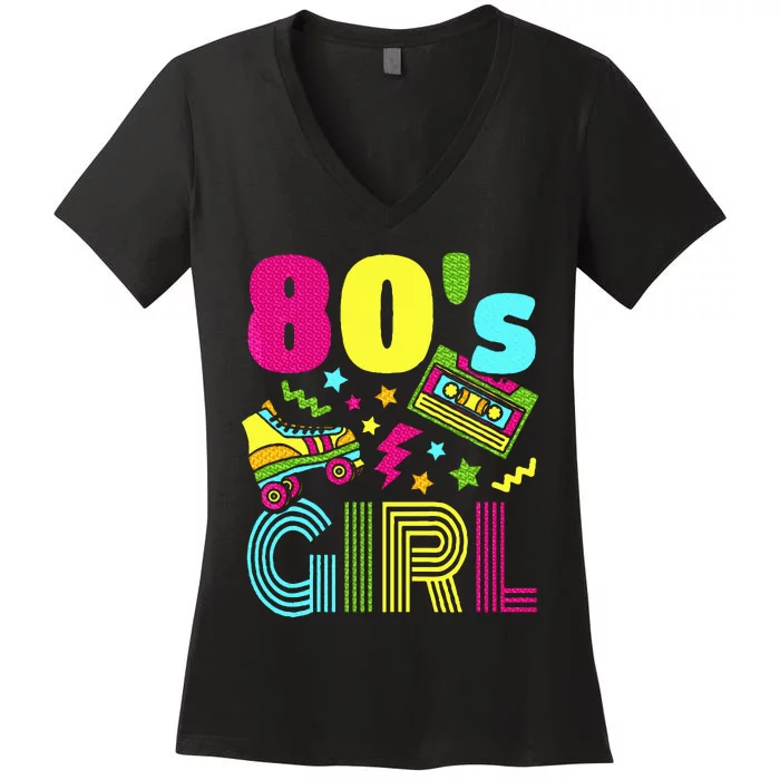 80s Girl 1980s Theme Party 80s Costume Outfit Women's V-Neck T-Shirt