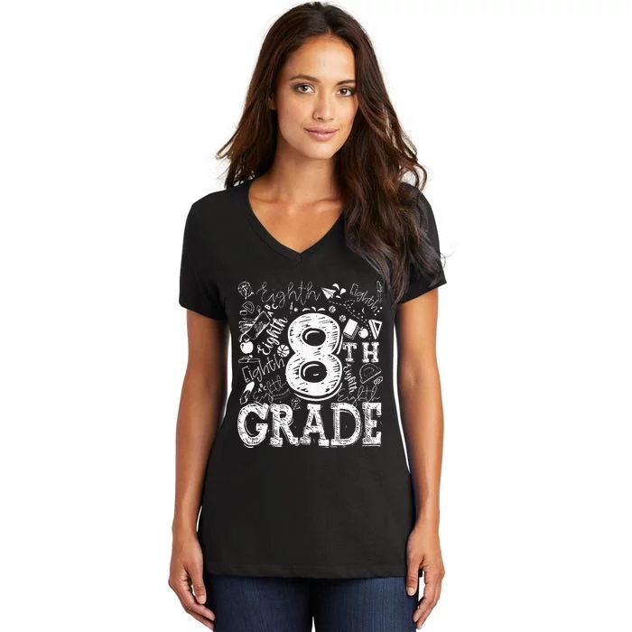 8th Grade Typography Team Teacher Back To School Women's V-Neck T-Shirt