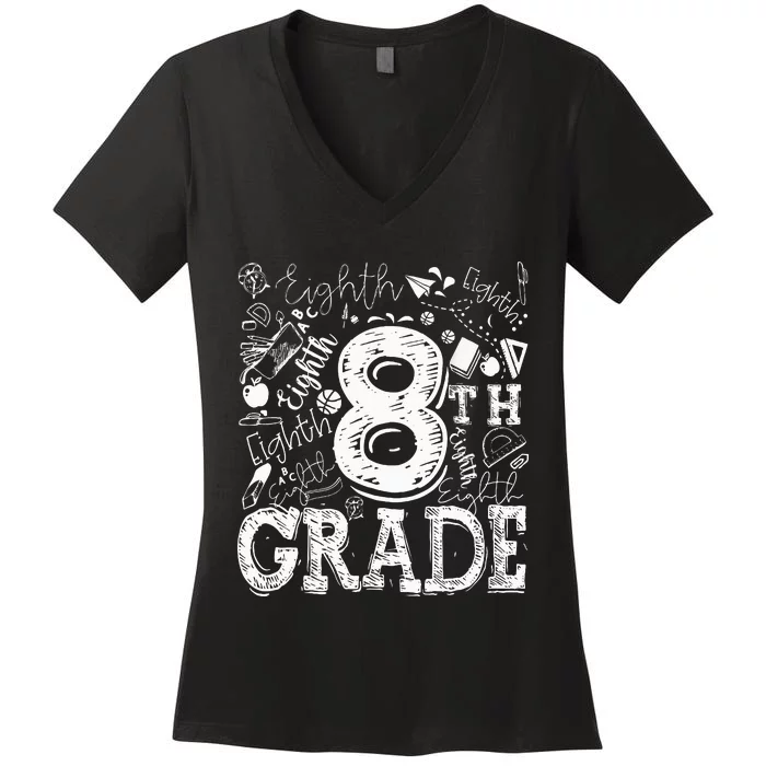 8th Grade Typography Team Teacher Back To School Women's V-Neck T-Shirt