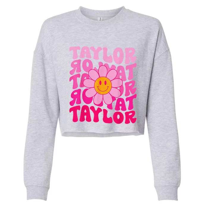 80S Pink Funny Smile Pink Flower Emoji TâYlor Repeat Cropped Pullover Crew