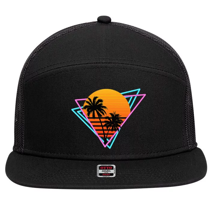 80s Retro Palm Tree Sunset Nostalgic Vintage Sunset 7 Panel Mesh Trucker Snapback Hat