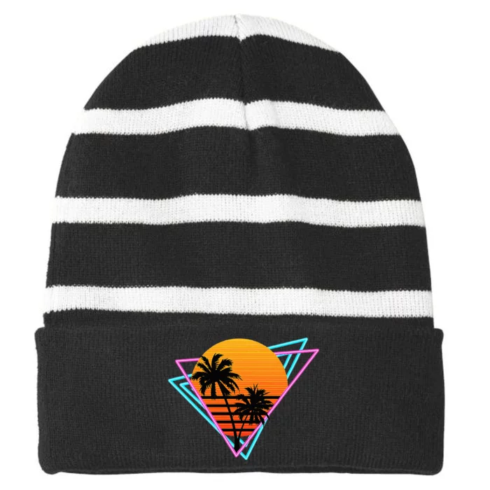 80s Retro Palm Tree Sunset Nostalgic Vintage Sunset Striped Beanie with Solid Band