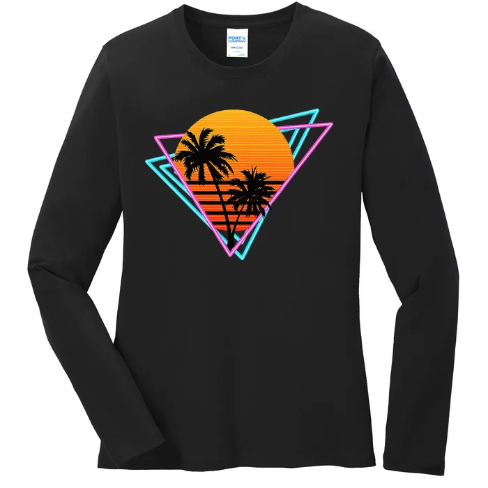 80s Retro Palm Tree Sunset Nostalgic Vintage Sunset Ladies Long Sleeve Shirt