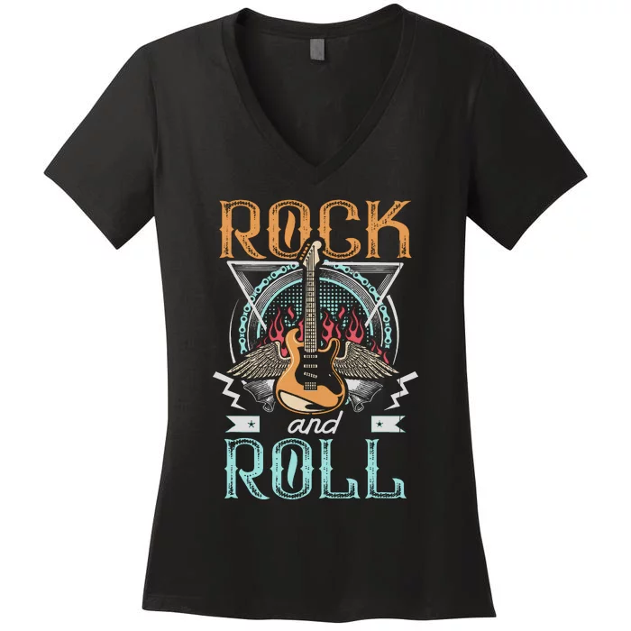 80s Rock & Roll Music Guitar Wings Women's V-Neck T-Shirt